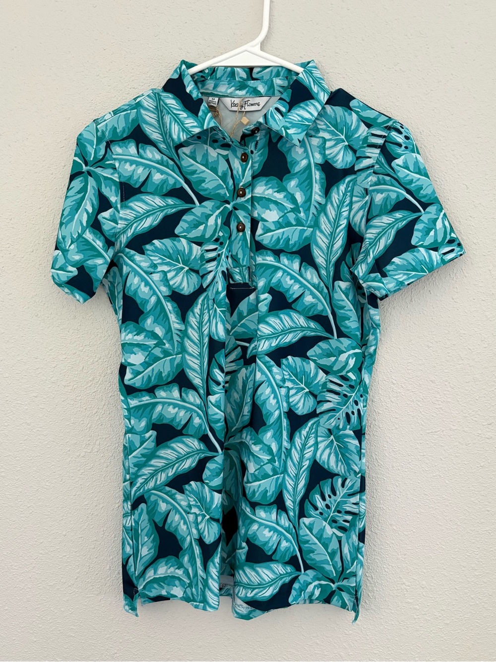 Kenny Flowers Teal Tropical Leaf Polo Womens (size M)